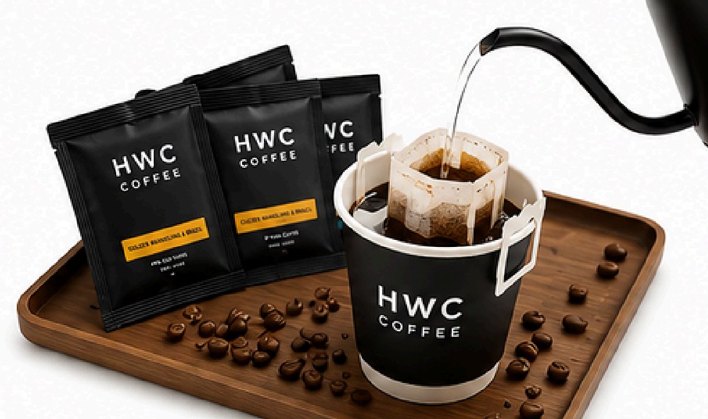 HWC COFFEE brew bag sachets and cup