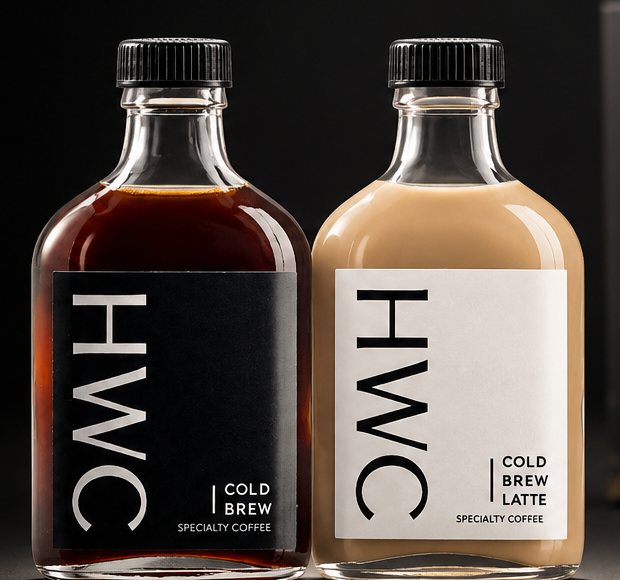 HWC COFFEE cold brew black coffee and latte bottles